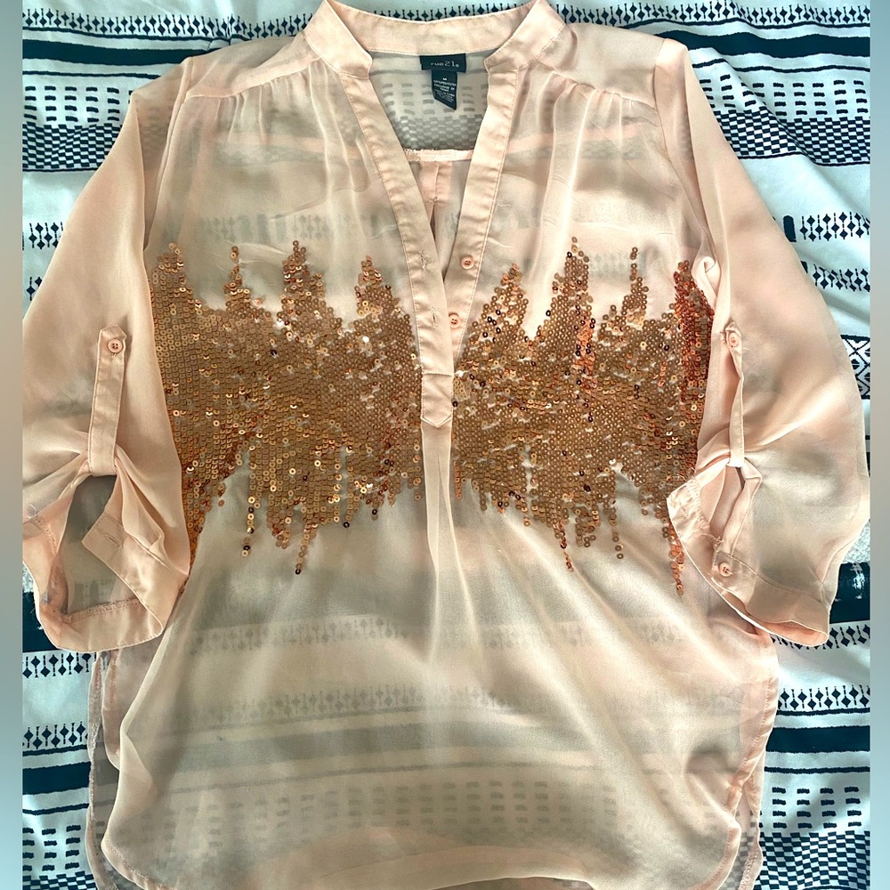 Rue21 sequins long sleeve sheer blouse in peachy pink
